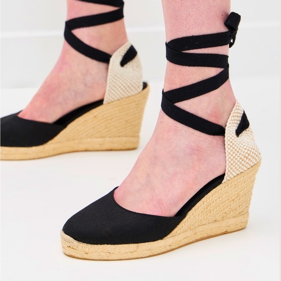 Black and Tan Espadrille Wedge Sandals EUC - Picture 1 of 16
